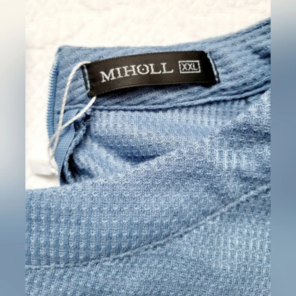 Miholl Women's Waffle Top Blouse Lace Balloon Sleeves Zip Back Blue XXL NWT